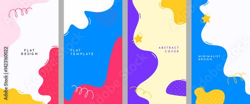 Vector illustration. Flat banner template. Hand drawn doodle shapes and lines. Design elements for flyer, leaflet, voucher, coupon, social media stories, post. Vertical trendy colorful background