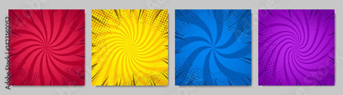 Vector illustration. Funny bright swirl striped background. Retro comic empty colorful wallpapers set. Vintage design elements for square banner, blog post, web template. Cartoon pop art style