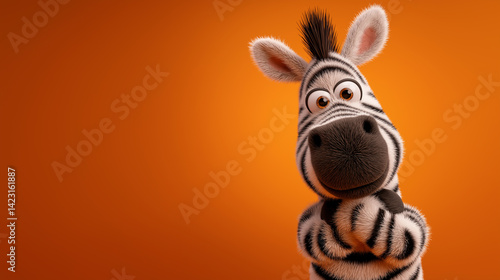 Friendly zebra with expressive eyes and playful pose against vibrant orange background