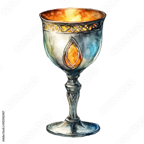 watercolor of Silver Chalice Filled With Glowing Liquid, vector, isolated on a white background.