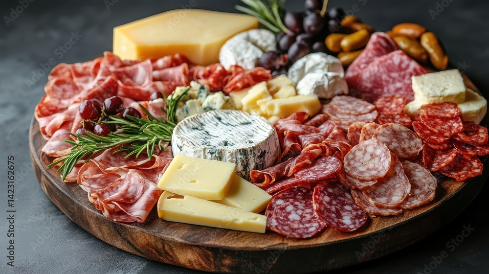 Delicious assortment of cured meats and cheeses arranged on a wooden board for a festive gathering Delicious assortment of cured meats and cheeses arranged on a wooden board for a festive gathering