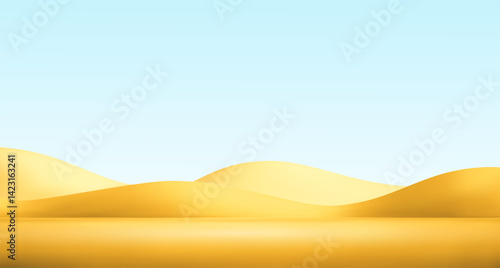 3d desert landscape. 3d minimalist africa background. Yellow sand mountains. Cartoon sand dunes vector illustration