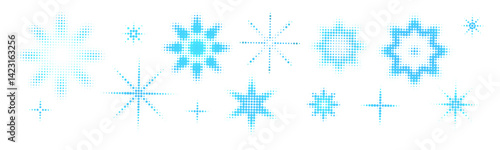 Set blue snowflake icon halftone dot effect. Snowflake pattern. Grain shape of star, sparkle, flower, sun. Noise radial form. Halftone faded texture. Vector grainy illustration modern winter design