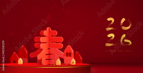 Chinese New Year 2026 holiday cards. 3d Asian spring festival background. Red podium with abstract houses, 3d hieroglyph spring. Vector 3d illustration