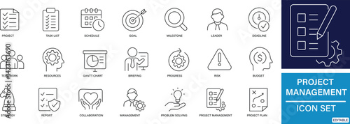 A clean and professional line icon set representing key concepts in project management such as planning, tasks, deadlines, and teamwork.