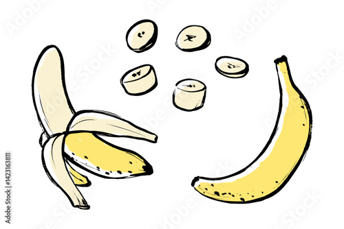 筆タッチのバナナのイラストセット