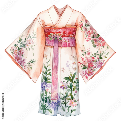 Silk Kimono With Floral Embroidery, vector watercolor illustration, isolated on a white background.