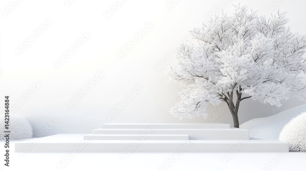Fototapeta premium Minimalist white product podium next to a snow-covered tree on a clean white background.