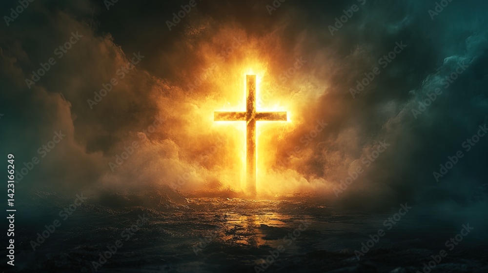 Fototapeta premium Illuminated Cross Over Water