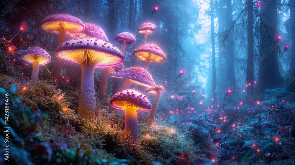 Fototapeta premium Enchanting glowing mushrooms illuminate the forest floor. Soft light creates a magical atmosphere. Ideal for fantasy art. Generative AI