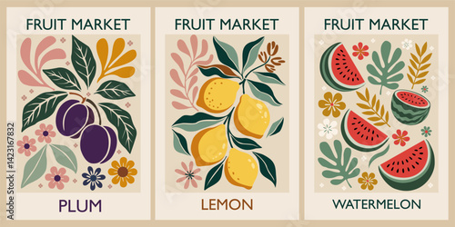 Set of Abstract Fruit Market retro posters. Trendy contemporary wall arts with Plum, Lemon, Watermelon fruit design in Mid century modern style. Vector flat illustrations