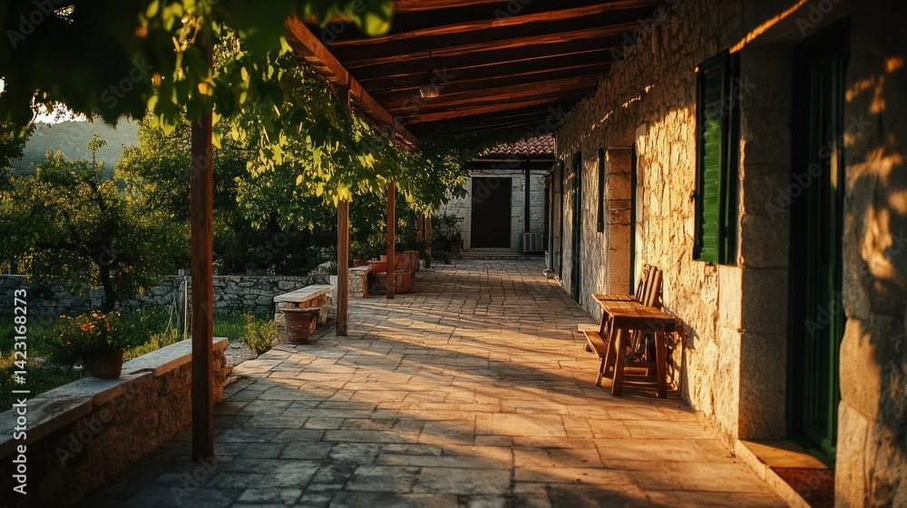 Fototapeta premium A stone cottage with a veranda in a beautiful natural setting