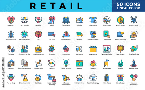 Retail icons set with maternity, party supplies, wedding, bridal, formalwear ,tailoring, alterations, shoes repair, watch repair icon. Simple lineal color vector 
