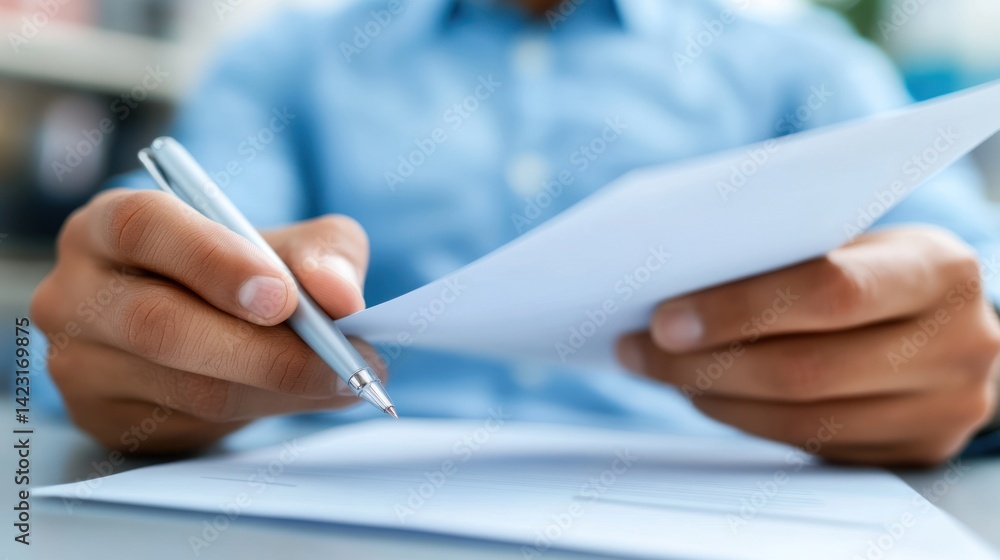 Person signing document at desk Person signing document at desk