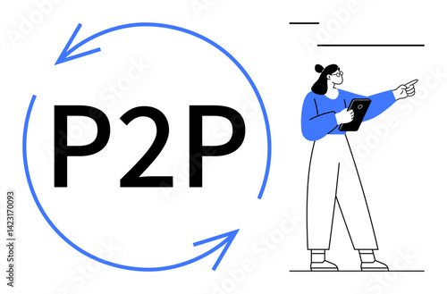 Bold P2P text encircled by circular arrows, woman pointing while holding tablet. Ideal for peer-to-peer communication, teamwork, innovation, collaboration, networking, mentorship, simple landing page