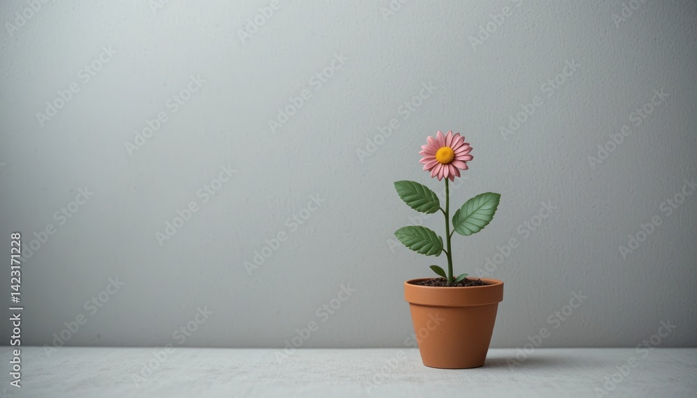 Fototapeta premium Growing beauty a potted pink flower against a neutral background indoor plant photography minimalist aesthetic close-up perspective