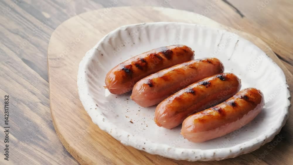 Grilled sausages arranged on a decorative plate over a wooden board offer a delicious, ready to eat culinary experience Grilled sausages arranged on a decorative plate over a wooden board offer a delicious, ready to eat culinary experience