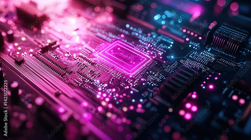Fototapeta premium A microscopic world of interconnected lines and glowing components, a symphony of circuits and neon lights within a computer motherboard, showcasing the intricate architecture of modern technology 