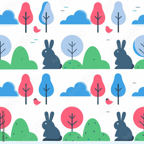 Seamless pattern cute bunnies and colorful trees create whimsical landscape, perfect for cheerful design. Isolate white background, commercial use