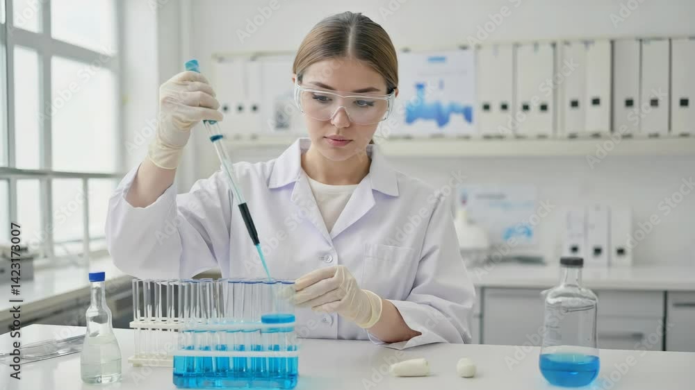 Young female scientist works with pipette and test tubes in laboratory; performing experiment and testing in lab, blue liquid and protective glasses Young female scientist works with pipette and test tubes in laboratory; performing experiment and testing in lab, blue liquid and protective glasses