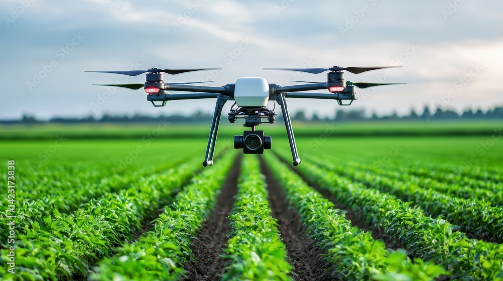 A drone equipped with a camera flying over lush green agricultural fields. A drone equipped with a camera flying over lush green agricultural fields.