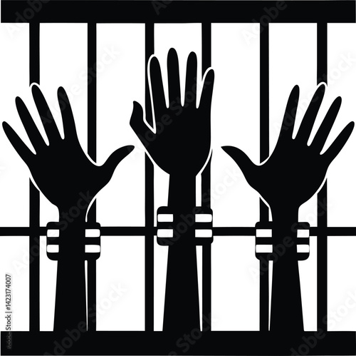 black and white graphic depicting three pairs of hands, handcuffed and reaching upward through jail bars Vector Illustration On Transparent Background