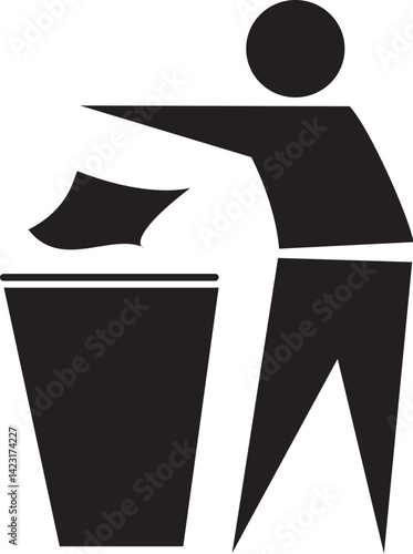 Pictogram of person throwing trash in bin, black and white waste disposal symbol, keep area clean icon