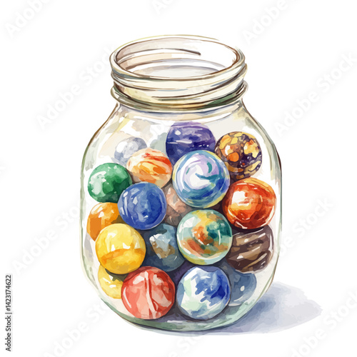Set Of Marbles Inside A Clear Glass Jar, vector watercolor illustration, isolated on a white background.