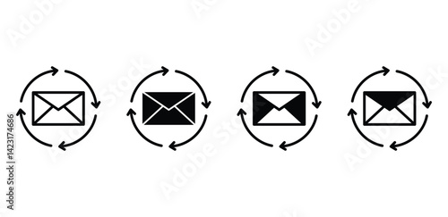 Automated Email Icons Black and White Circular Arrows Surrounding Envelopes Vector Design on White Background