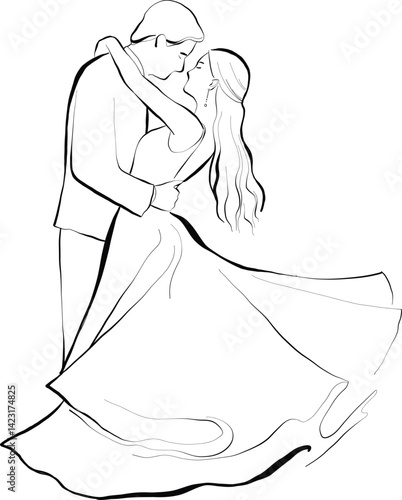 Illustration of a stylized couple embracing in a dance. The bride wears a flowing white wedding dress, while the groom is in a dark suit.  The style is hand drawn minimalist illustration and vector