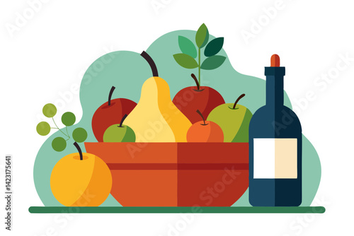 Fruit Basket of Pears and Apples with Wine Background