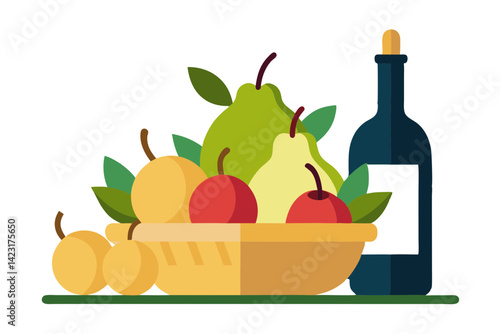 Cozy Basket of Apples Pears and Vintage Wine