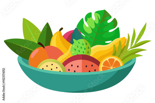 Exotic Bowl of Fruits Garnished with Leaves