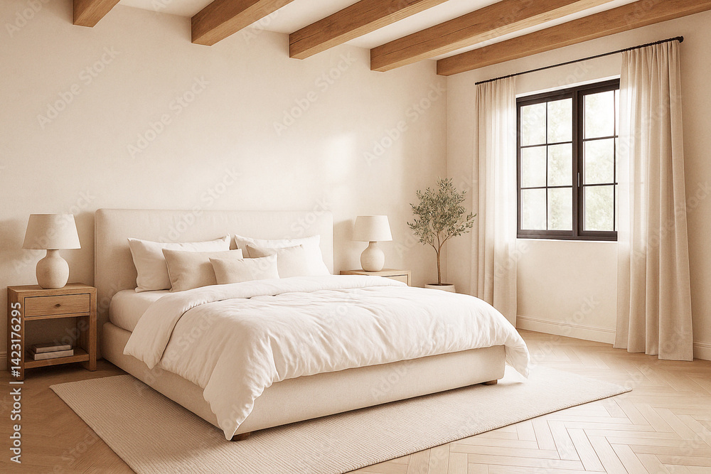 Fototapeta premium modern farmhouse bedroom with soft linen bed and warm light