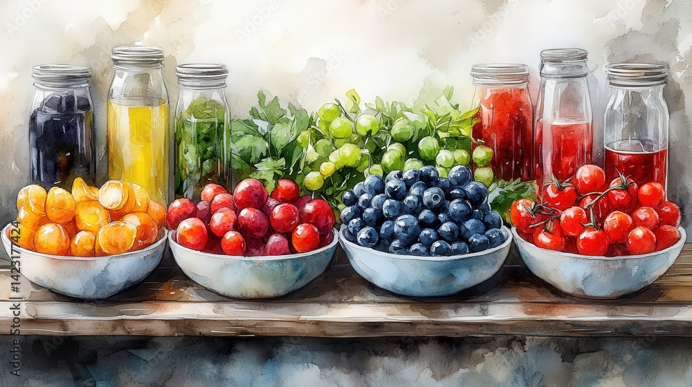Vibrant assortment of fresh fruits and vegetables displayed in bowls on a rustic shelf Vibrant assortment of fresh fruits and vegetables displayed in bowls on a rustic shelf
