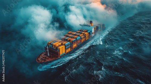 A vibrant, aerial illustration showcases a cargo ship, its deck a kaleidoscope of multicoloured containers, against a backdrop of a vast, turbulent dark blue sea under a brooding cloudy sky 
