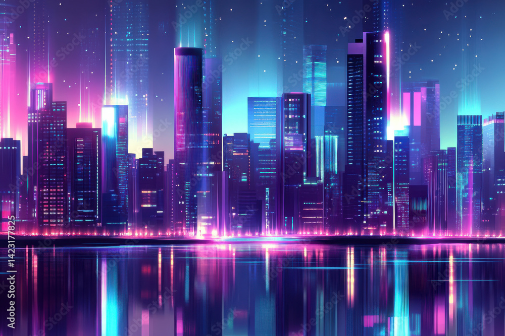 Obraz premium Futuristic cityscape, holographic data stream, city, building reflecting on water feeling sense of wonder and awe, bathed in neon light