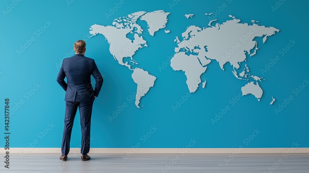 Man in Dark Blue Suit Standing with Back to Wall Featuring World Map for Business or Travel Concept Man in Dark Blue Suit Standing with Back to Wall Featuring World Map for Business or Travel Concept