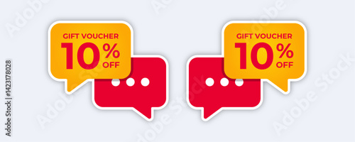 red speech bubbles with 10 off gift voucher.