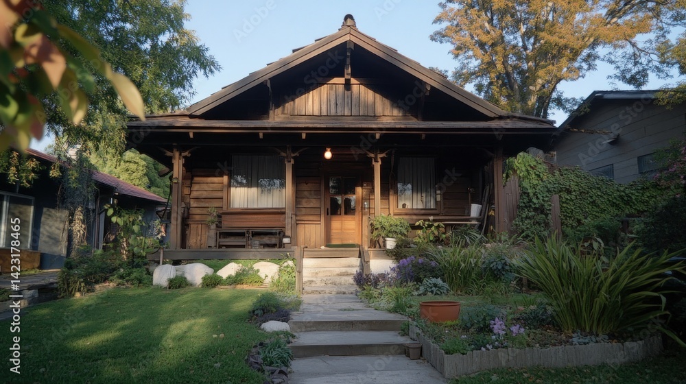 A lovely wooden house sitting amongst greenery and trees A lovely wooden house sitting amongst greenery and trees