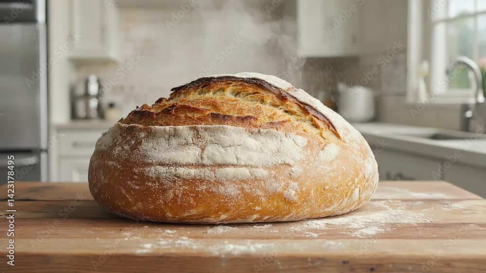 Freshly baked sourdough bread loaf dusted with flour on a wooden cutting board in a bright kitchen setting Freshly baked sourdough bread loaf dusted with flour on a wooden cutting board in a bright kitchen setting