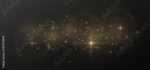 Dust golden sparks and gold stars shine with special light. Vector sparkles on a transparent background. Christmas abstract pattern. Sparkling magical dust particles.