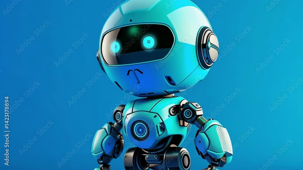Cute blue robot expresses emotions and engages with surroundings while exploring a vibrant environment Cute blue robot expresses emotions and engages with surroundings while exploring a vibrant environment