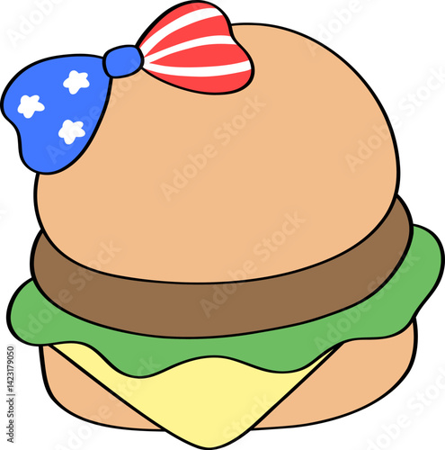 Burger with Bow in American Flag Pattern Doodle Outline