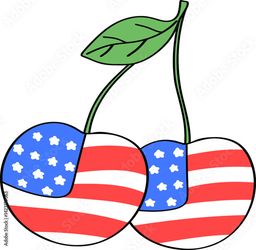Cherry with the American Flag Pattern Doodle Outline