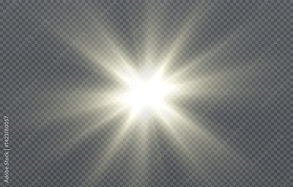 Obraz premium Vector light on isolated transparent background. Sun, rays of light png. Magic glow, golden light png.