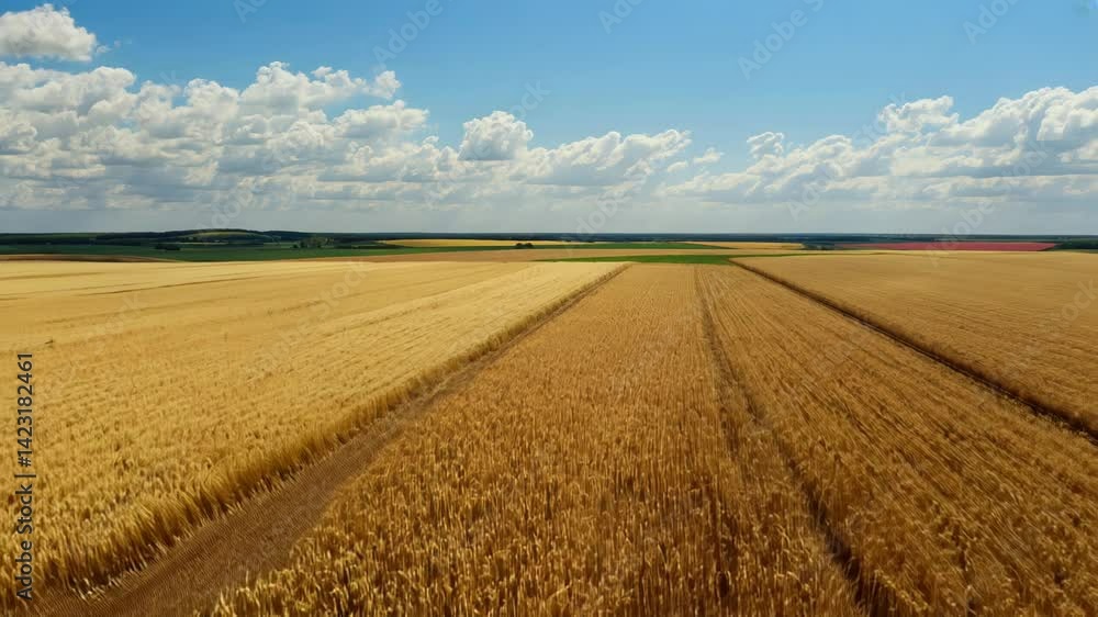 Aerial view of golden wheat fields under a partly cloudy sky. Possible use Stock photo for agricultural, landscape, or travel themes