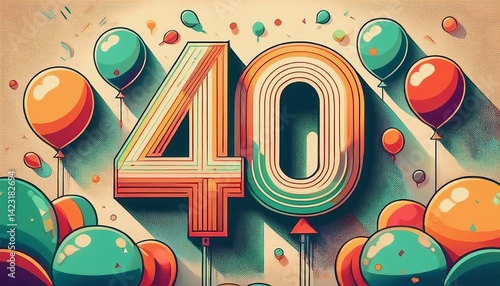 Number 40 with balloons. Retro style illustration for fortieth birthday or anniversary