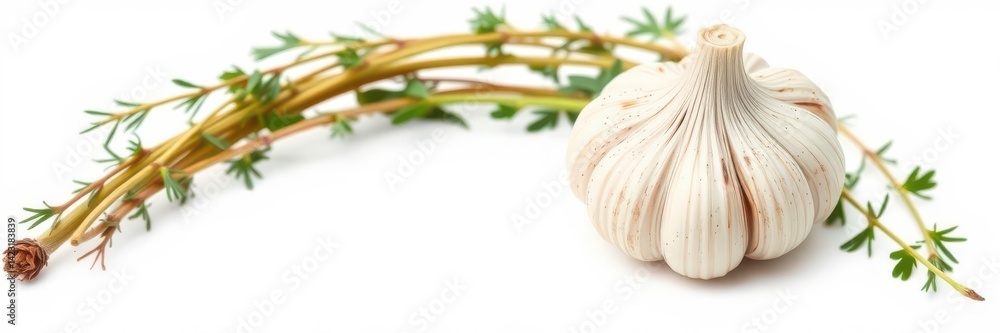 Obraz premium Fresh garlic bulbs with visible cloves, isolated on a clean white background, culinary, garlic