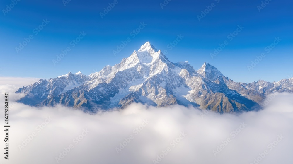 Obraz premium Majestic snow-capped mountain peak rises above a sea of white clouds under a clear blue sky.